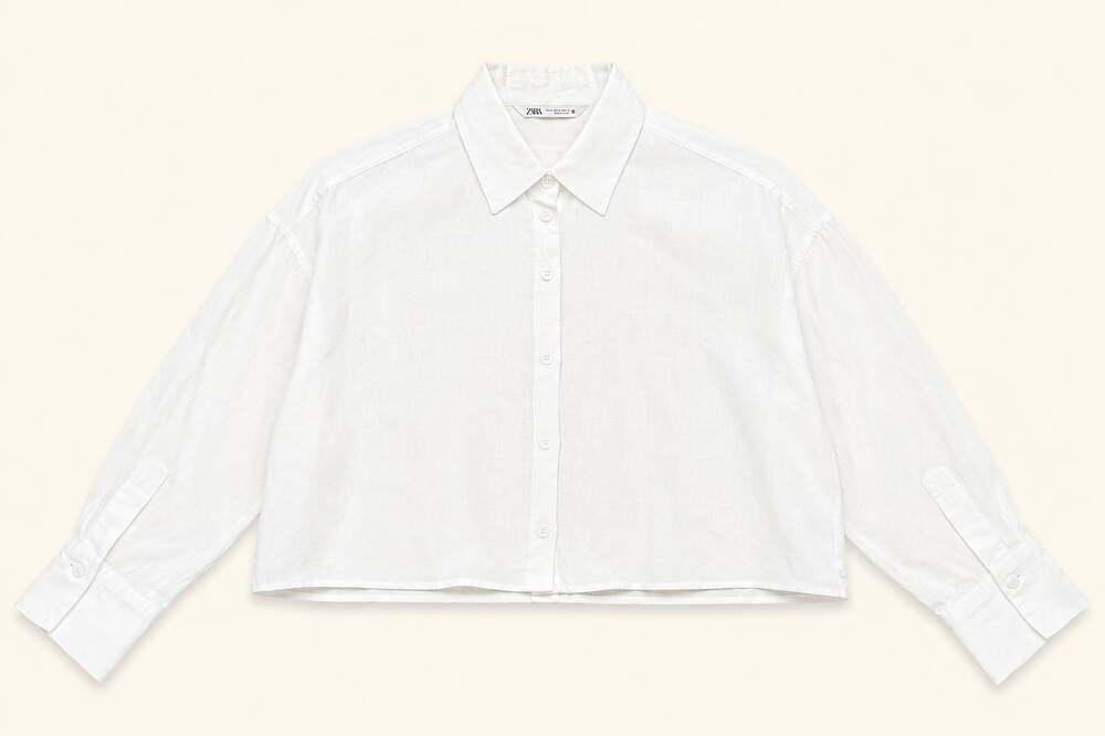 Zara White Linen Crop Button Up Coastal Quiet Luxury Top Size M